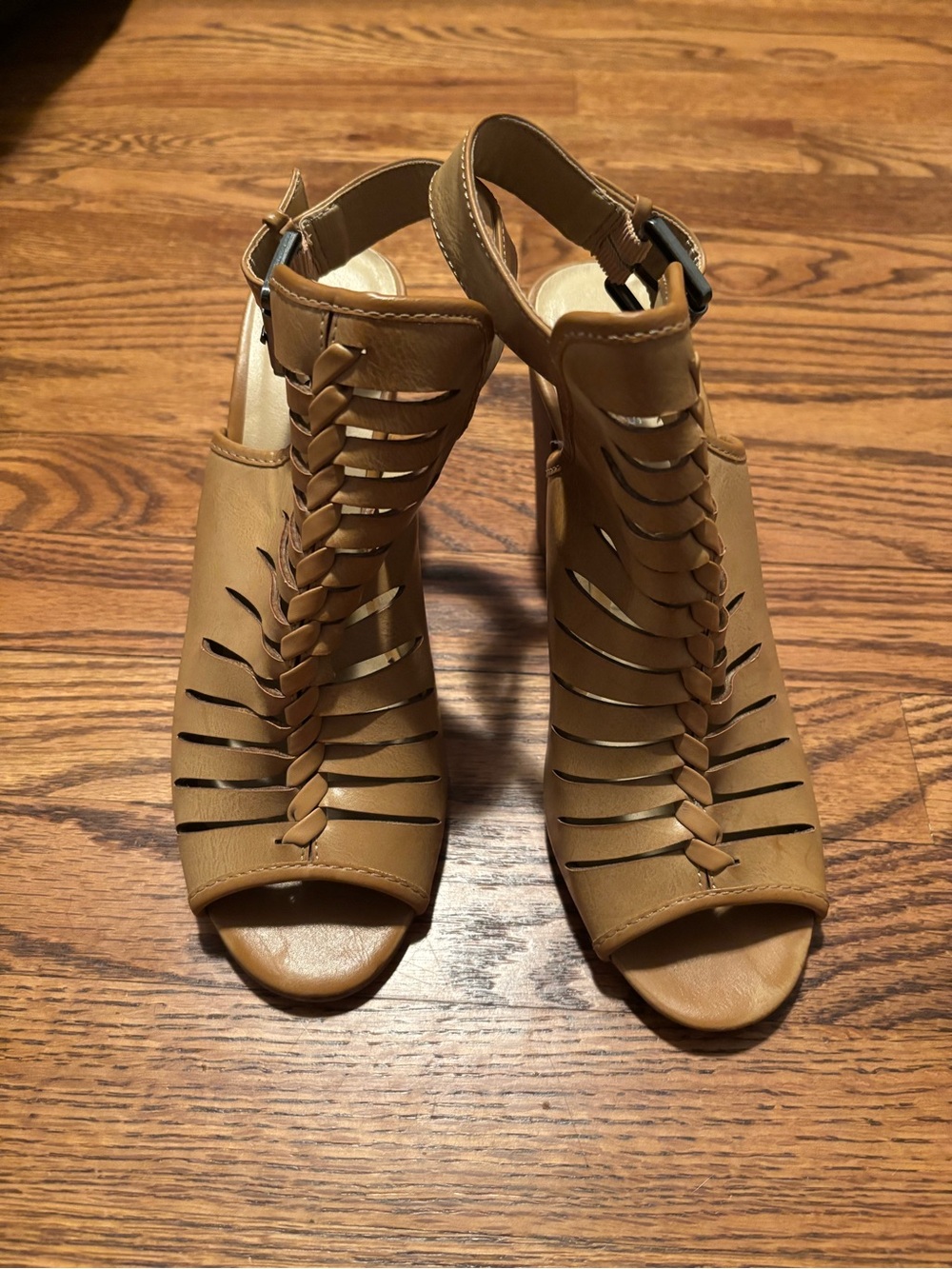 Chinese Laundry Torey Tan Leather Caged Block Heel Slingback Sandal
